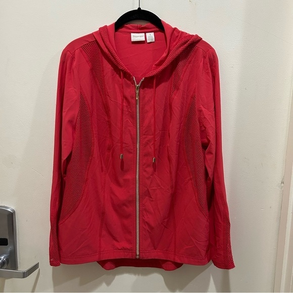 Chico’s Red Resort Mesh Lightweight Hooded Zip-Up Jacket Size Medium - Picture 1 of 10